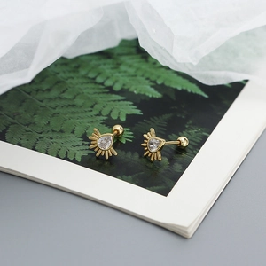 Detail of a gold sunburst stud earring with zircon on a book background