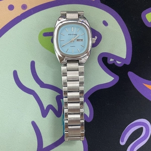 Elegant square stainless steel watch with light blue dial and day-date display