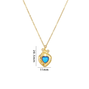 Gold-tone heart castle necklace with blue stone inlay and dimensions 20.5mm by 11mm