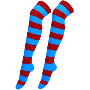 Detailed view of red and blue striped over-knee high socks with soft cotton texture
