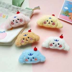 Set of five colorful plush puppy hair clips in pink, yellow, blue, white and khaki