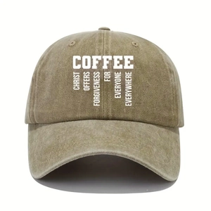 Khaki washed cotton baseball cap with white Coffee text print and sun protection