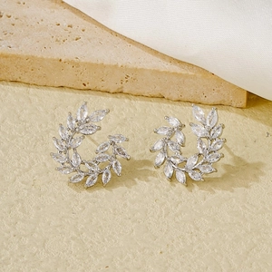 Elegant silver wheat ear stud earrings with marquise cubic zirconia in leaf shape