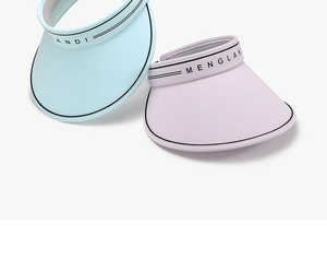 Detail of wide brim sun visors in light blue and purple with sporty headband design