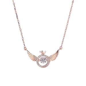 Elegant angel wings necklace with a dancing heart stone in rose gold finish for women