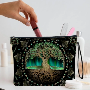 Trousse à maquillage noire avec motif arbre de vie et fermeture éclair robuste