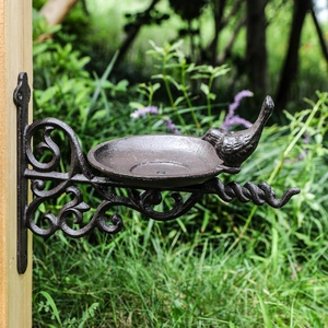European vintage cast iron bird feeder wall mount with bird accent for garden decor