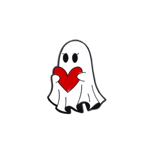 Cute white ghost enamel pin holding a red heart for Halloween apparel and bag decor