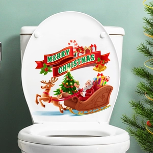 Santa Claus on sleigh with reindeer Christmas toilet lid sticker for festive bathroom decor