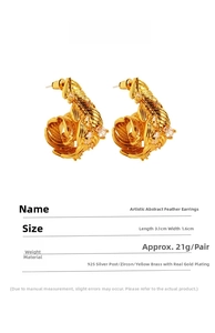 Detail showing creative feather earrings with 925 silver needles and zircon in gold finish
