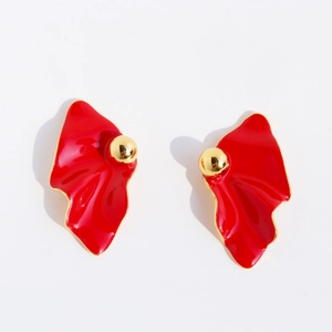 Modern red wavy earrings with polished gold sphere in minimalist artistic metal style