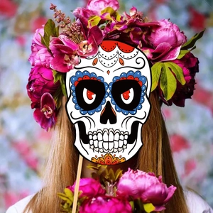 21-piece Day of the Dead photo props featuring colorful sugar skull masks and flower crown