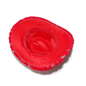 Top view of red plush cowboy hat showing inner soft lining and silver sequin brim detail