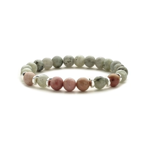 Detail eines Armbands aus rosa und grauen Natursteinen mit silbernen Trennelementen