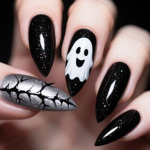 Halloween almond press-on nails with black glitter, ghost patterns and thorn art