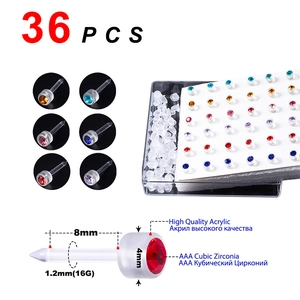 Detailed set of 36 acrylic piercing studs with AAA cubic zirconia in storage case