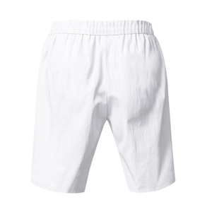 Detailed back view of white casual linen shorts featuring elastic drawstring waistband