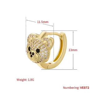 Golden teddy bear huggie hoop earring with white zircons, size 13mm by 11.5mm