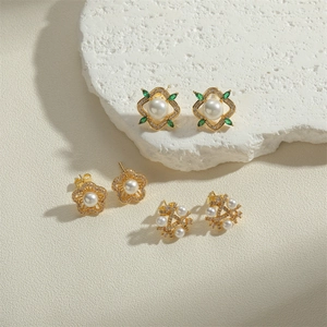 Elegant 14K gold plated freshwater pearl flower earrings with green zircon accents