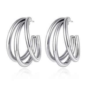 Minimalist silver multi-layered interlocking hoop earrings with reflective finish
