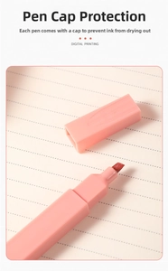 Detail showing pink chisel tip highlighter on a notebook with cap protection feature