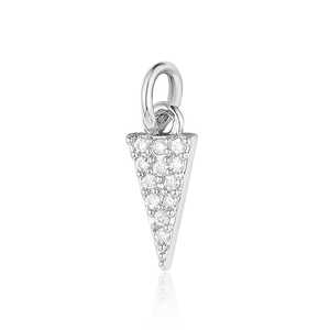 Macro detail of silver triangle charm pendant with sparkling cubic zirconia stones