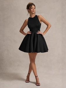 Elegant sleeveless black mini dress with cinched waist and silky texture for women