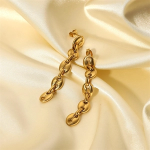 Elegant 18K gold-plated coffee bean long chain drop earrings on silk background