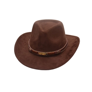 Vintage Faux Suede Western Cowboy Hat For Men Women Ethnic Woven Band Gold Feather Decor Wide Brim Fedora Jazz Hat Sunshade Travel Accessory