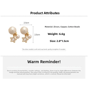 Detailed specs of star zircon and pearl earrings with silver needle material details