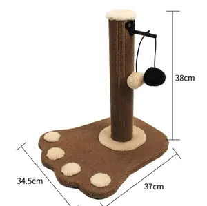 Brown and cream paw-shaped cat scratcher post with hanging plush balls, 38cm height