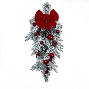 Christmas teardrop wreath with velvet red bow and flocked pine needles for door decor