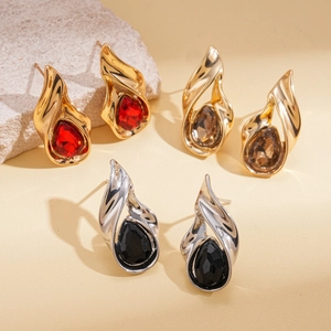 Vintage water drop rhinestone earrings set in red, champagne, and black silver finishes