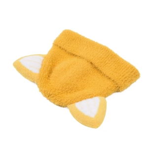 Detail of yellow plush knit hat with 3D animal ears and soft faux fur texture