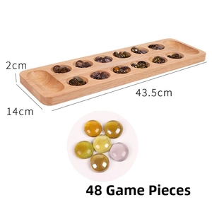 Detailed dimensions of wooden Mancala board 43.5x14x2cm with 48 colored glass beads