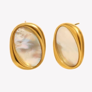 Elegant 18K gold plated stainless steel oval white shell stud earrings for women
