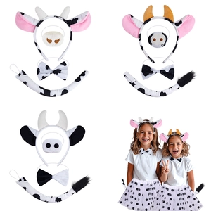 Cow Costume Accessories Plush Animal Headband With Bowtie Tail Nose For Halloween Cosplay Party Dance Kids Dress Up