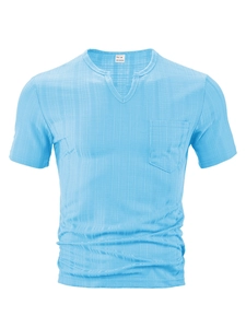 Detail view of blue waffle knit fabric and chest pocket on men's V-neck polyester shirt