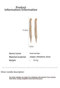 Detailed size chart for long golden tassel earrings with crystal studs, length 17.8 cm