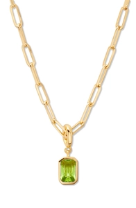 Detailed close-up of 18K gold-plated paperclip chain with a green teardrop stone pendant