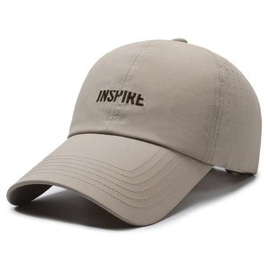 Breathable quick-dry beige baseball cap with INSPIRE embroidery and laser-cut vents