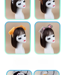 Detail view of plush animal ear headbands in four colors on a mannequin head