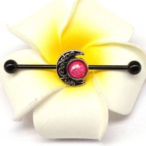 Macro shot of industrial barbell with silver crescent moon and pink opal on Frangipani