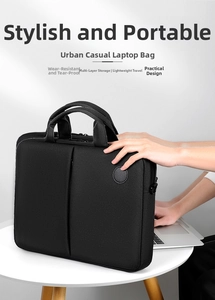 Close-up of durable black laptop bag with reinforced handle and vertical zip pocket