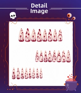 Detail of Halloween stiletto press-on nails with realistic 3D blood splatter designs