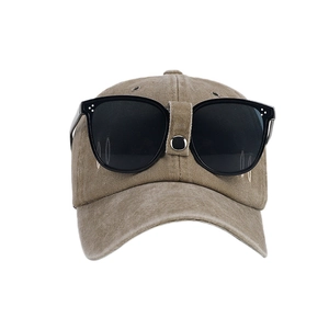 Retro khaki aviator baseball cap with integrated decorative sunglasses and silver buckle