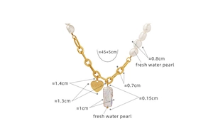Technical diagram showing freshwater pearl necklace dimensions with love heart pendant