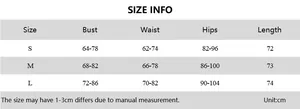 Detailed size chart for sexy backless jumpsuit showing bust, waist, and hips in cm
