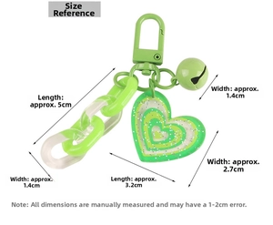 Green heart keychain charm detailed dimensions with bell and acrylic chain links