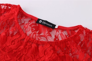 Close-up of red floral lace dress featuring round neckline and delicate embroidery texture